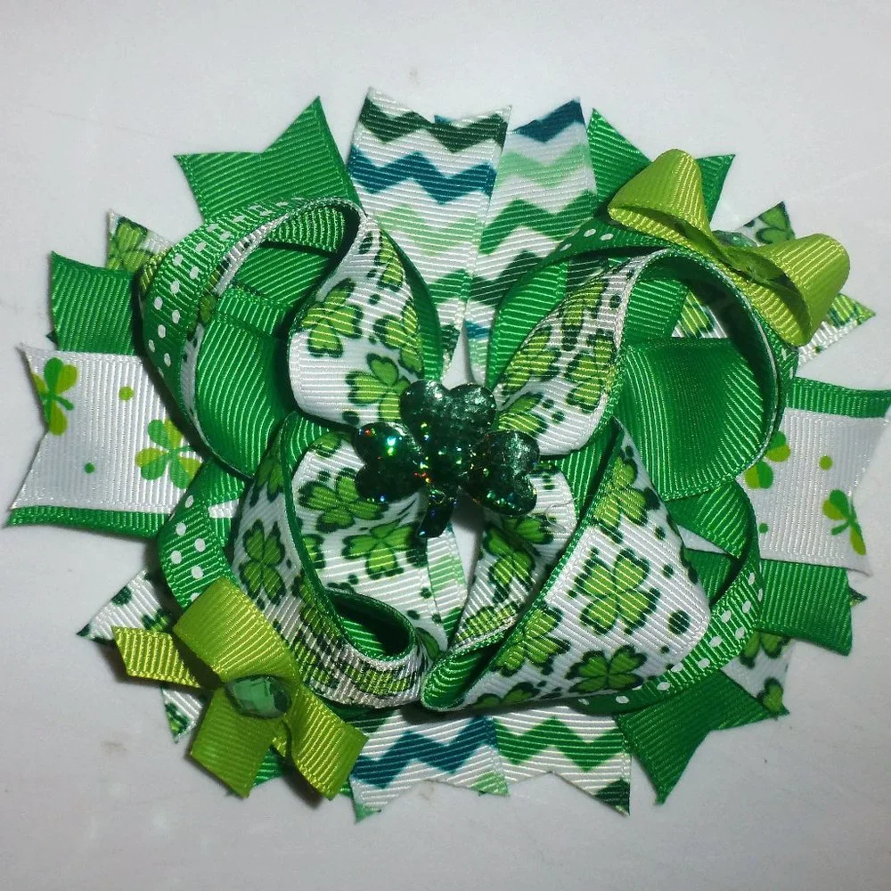 St Patrick's Day Shamrock Girls 5-Inch Hair Bow Clip